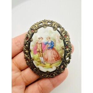Vintage western Germany gold tone porcelain Brooch